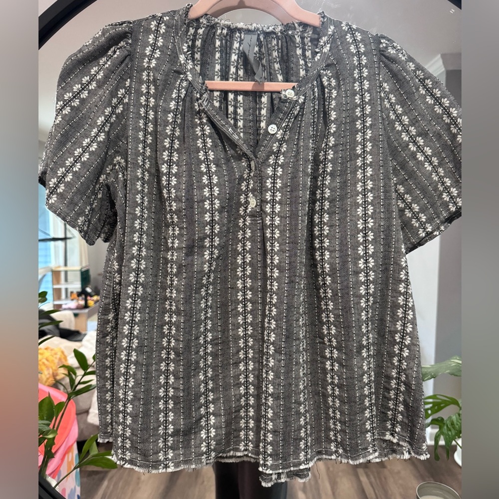 * LIKE NEW* Raquel Allegra Women's Black Floral Stripe Button Front Top